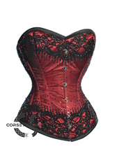 Red Satin Black Sequins Gothic Burlesque Bustier Waist Training Overbust Corset Costume